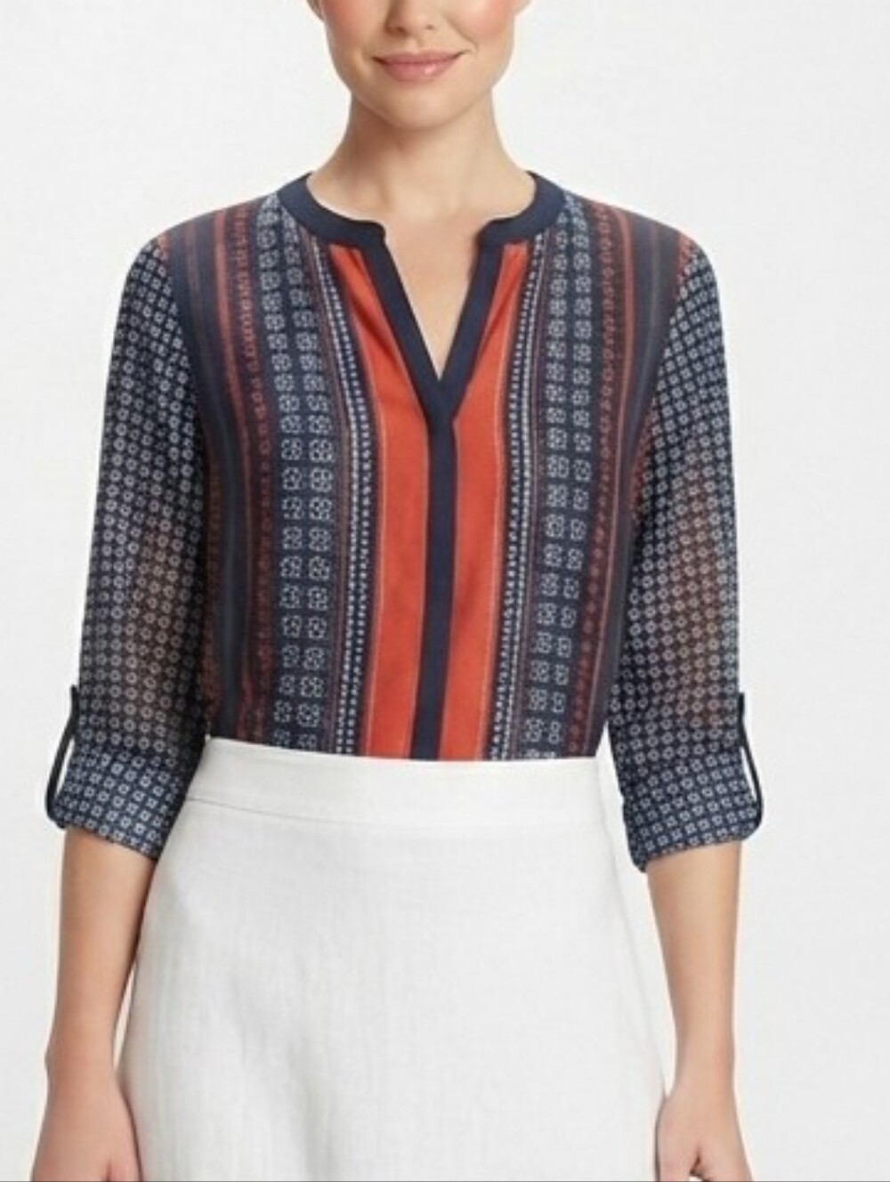 Sanctuary Clothing Navy Blue Geometric Orange Stripe Sheer Button Front Blouse S
